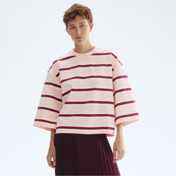H&M Tops - NWT H&M Powder Pink/Burgundy Striped 100% Cotton Loose-Fit Top Sz L 1274548005